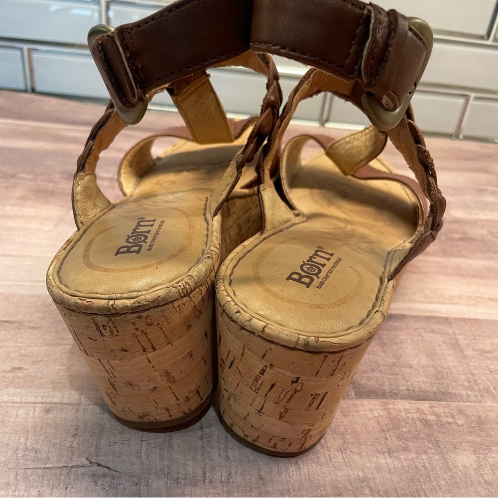 Born Laurene In Saddle Brown Braided Leather Cork Wedge Sandals Size 7 - Picture 7 of 12